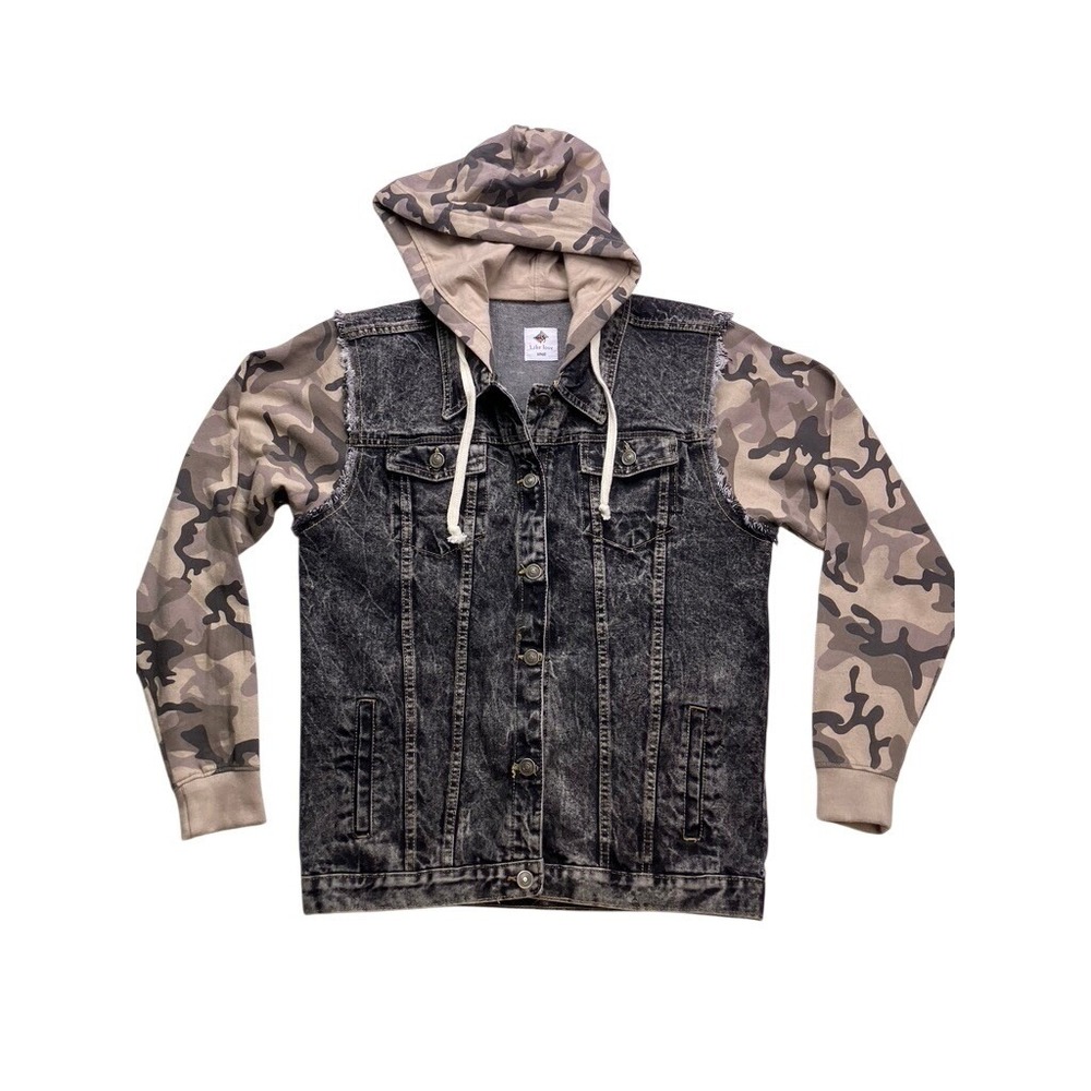 Like Love Denim Hoodie Jacket‎ Womens Small Black Camo Acid Wash JOE1-39